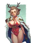  1girl absurdres alternate_costume animal_ears antlers areola_slip areolae bell blush breasts cape christmas cleavage deer_ears eyeshadow fake_animal_ears fake_antlers fire_emblem fire_emblem:_three_houses fire_emblem_heroes fishnet_legwear fishnets fur_cape gloves gold_lips hair_slicked_back highres holly leotard lips lipstick looking_at_viewer makeup manuela_casagranda mistletoe mole mole_under_eye neck_bell official_alternate_costume one_eye_closed orange_eyeshadow orange_lips pantyhose parted_lips red_leotard reindeer_antlers riz short_hair smile solo teasing 