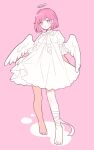  1girl angel_wings bandaged_ankle bandages bangs barefoot blush bow commentary_request dress frilled_sleeves frills full_body halo highres ootori_emu open_mouth pink_background pink_eyes pink_hair project_sekai puffy_short_sleeves puffy_sleeves short_hair short_sleeves sidelocks solo waka_(wk4444) white_bow white_dress white_wings wings 