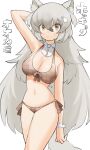  1girl absurdres animal_ear_fluff animal_ears arctic_wolf_(kemono_friends) arm_behind_head arm_up bangs bare_shoulders bikini breasts brown_bikini brown_eyes character_name commentary cowboy_shot front-tie_bikini front-tie_top grey_hair hair_between_eyes highres kemono_friends large_breasts light_blush long_hair looking_at_viewer navel plaid plaid_bikini side-tie_bikini simple_background snowman_hair_ornament solo swimsuit tail two_side_up very_long_hair white_background wolf_ears wolf_girl wolf_tail wrist_cuffs zuchi00 