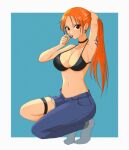  1girl asymmetrical_clothes asymmetrical_legwear bare_shoulders bikini bikini_top_only black_choker blue_background breasts choker cleavage commentary denim earrings english_commentary eyelashes highres jewelry large_breasts long_hair looking_at_viewer nami_(one_piece) navel one_piece opalisart orange_eyes orange_hair pants ponytail socks solo swimsuit tattoo tying_hair 