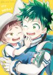  2boys bodysuit boku_no_hero_academia character_request child english_text freckles gloves green_bodysuit green_eyes green_hair highres holding_person light_brown_hair looking_at_another mask mask_removed midoriya_izuku multiple_boys one_eye_closed open_mouth outline overalls sandals simple_background twitter_username ume_(326310) white_gloves white_outline yellow_background yellow_eyes 