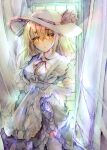  1girl absurdres blonde_hair bow breasts curtains dress elbow_gloves eyebrows_visible_through_hair gloves hair_between_eyes hat highres kamu_kotan kana_anaberal looking_to_the_side painting_(medium) short_sleeves solo touhou touhou_(pc-98) traditional_media watercolor_(medium) white_gloves yellow_eyes 