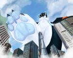  4_toes absurd_res anthro barefoot big_feet building city claws cloud feet female foot_focus hi_res looking_down macro micro pawpads paws soles solo solutionwcs toes unknown_species 