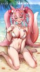  1girl animal_ears bangs beach bikini bracelet breasts foxyreine hair_ornament hairclip highres indie_virtual_youtuber jewelry kwando large_breasts long_hair navel necklace pink_hair side-tie_bikini solo swimsuit tail thighs twintails wet 