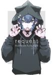  1boy absurdres animal_hood black_choker black_hole blue_eyes blue_hair cat_hood choker claw_pose commentary_request commission drawstring grey_background hands_up highres homare_eramoh hood hood_up jewelry looking_at_viewer male_focus open_mouth original paw_print ring sharp_teeth short_hair skeb_commission solo teeth two-tone_background upper_body white_background 