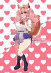  1girl alternate_costume animal_ears black_legwear blush breasts cellphone clothes_around_waist curvy fate/grand_order fate_(series) fox fox_ears fox_girl fox_tail gyaru heart heart_background huge_breasts miniskirt official_alternate_costume orange_fur osiimi phone pink_background pink_hair school_uniform skirt smartphone sweater sweater_around_waist tail tamamo_(fate) tamamo_no_mae_(fate/extra) tamamo_no_mae_(jk)_(fate) thick_thighs thighhighs thighs twintails two-tone_background white_background 