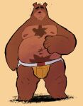  anthro belly big_belly black_nose brown_body bulge clothing eyes_closed hi_res humanoid_hands jockstrap male mammal moobs navel nipples or4ngesandcream overweight overweight_male simple_background solo underwear ursid 