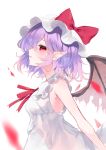  1girl absurdres bare_arms bare_shoulders bat_wings blush breasts dress eyebrows_visible_through_hair from_side hair_between_eyes hat highres looking_at_viewer mob_cap parted_lips pointy_ears profile red_eyes red_neckwear red_ribbon remilia_scarlet ribbon rori82li short_hair simple_background sleeveless small_breasts solo touhou white_background white_dress wings 