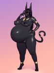  4_toes absurd_res amber_eyes anklet anthro anubian_jackal belly big_belly black_body black_hair black_nose bracelet breasts canid canine canis casual_nudity ear_piercing ear_ring feet female genitals glistening glistening_body gold_(metal) gold_jewelry hair hi_res jackal jewelry long_ears looking_at_viewer mammal navel necklace nipples nude odisia piercing pregnant pussy raised_hand ring sheuth simple_background smile solo standing thick_thighs toes 
