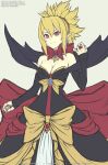  1girl bat_wings blonde_hair bow breasts cleavage closed_mouth demon_girl disgaea dress gofelem jewelry looking_at_viewer makai_senki_disgaea_2 pointy_ears red_eyes ring rozalin short_hair simple_background smile solo strapless strapless_dress wings yellow_bow 