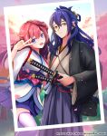  1boy 1girl :d absurdres bangs blue_eyes botan_(dragalia_lost) cherry_blossoms dragalia_lost hair_between_eyes highres holding holding_sheath ieyasu_(dragalia_lost) japanese_clothes katana kimono long_hair looking_at_viewer purple_hair red_hair ribbon ryo-suzuki sheath sheathed smile sword twitter_username v weapon wide_sleeves yellow_eyes 