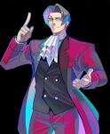  1boy ace_attorney ascot black_background black_vest buttons coat collared_coat cowboy_shot denaseey finger_wagging formal glasses grey_eyes grey_hair highres index_finger_raised looking_to_the_side male_focus miles_edgeworth pants raised_eyebrow red_coat red_pants shirt simple_background smile solo vest white_shirt 