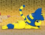  2022 animal_crossing ankha_(animal_crossing) anthro bigdon1992 bodily_fluids cum digital_media_(artwork) domestic_cat duo felid feline felis female genital_fluids genitals lying male mammal nintendo on_front penis solo_focus video_games 