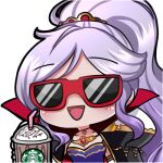  cup deliichan5 emoji fire_emblem fire_emblem:_genealogy_of_the_holy_war fire_emblem_heroes holding ishtar_(fire_emblem) jewelry lowres non-web_source purple_hair starbucks sunglasses 