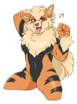  2022 anthro anthrofied arcanine aries84 black_pussy breasts canid canine female fur genitals hand_behind_head mammal neck_tuft nintendo nipples open_mouth orange_body orange_fur pok&eacute;mon pok&eacute;mon_(species) pok&eacute;morph portrait pussy simple_background solo stripes three-quarter_portrait tongue tongue_out tuft video_games white_background 