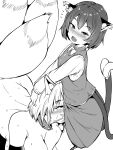  2girls animal_collar animal_ears blush breasts cat_ears cat_tail chen collar cum cum_in_mouth deepthroat elbow_gloves fellatio fox_ears fox_tail futanari gloves heart heart-shaped_pupils highres large_breasts looking_at_viewer makin_tama multiple_girls multiple_tails nekomata open_mouth oral rolling_eyes short_hair small_breasts symbol-shaped_pupils tail touhou two_tails yakumo_ran 