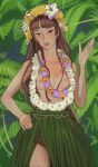  1girl bangs blunt_bangs borrowed_character breasts brown_eyes brown_hair commentary english_commentary flower flower_necklace freckles grass_skirt head_wreath highres hula jewelry kara_eklund leaf lei mossacannibalis necklace open_mouth original solo 