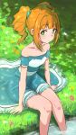  1girl blue_dress commentary dress green_eyes highres idolmaster idolmaster_(classic) knees looking_at_viewer ms_rinmoku off-shoulder_dress off_shoulder orange_hair partially_submerged sitting solo takatsuki_yayoi twintails water 