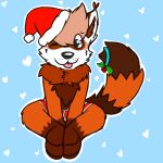  &lt;3 1:1 2015 ailurid anthro biped black_eyes blep blue_background boxer_briefs brown_body brown_ears brown_fur brown_hair brown_inner_ear chest_tuft christmas christmas_clothing christmas_headwear clothed clothing dipstick_tail fluffy fur gaokun gloves_(marking) hair hat headgear headwear holidays male mammal markings mistletoe multi_tone_fur multicolored_ears orange_body orange_fur partially_clothed pink_tongue plant red_clothing red_panda red_underwear santa_hat simple_background solo tail_markings tongue tongue_out tuft two_tone_ears underwear white_body white_ears white_fur 
