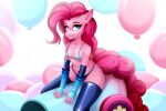  anthro balloon breasts buvanybu clothing earth_pony equid equine female fingerless_gloves friendship_is_magic gloves handwear horse inflatable latex_stockings looking_up mammal my_little_pony party_cannon pinkie_pie_(mlp) pony skimpy_bikini small_breasts smile solo straddling 