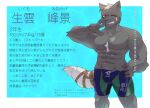  abs abstract_background anthro blue_eyes border bulge canid canine canis chest_tuft clothed clothing domestic_dog ear_piercing erection erection_under_clothing fur grey_body grey_fur grin hand_on_head hi_res ikumo_minekage japanese_text kemono looking_at_viewer male mammal muscular muscular_anthro muscular_male one_eye_closed pecs piercing simple_background smile solo standing text tuft white_background white_border wink y_yama8642 