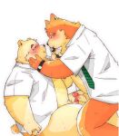  2022 anthro belly big_belly blush canid canine canis clothed clothing domestic_dog duo erection eyes_closed genitals ginsingoo1 humanoid_genitalia humanoid_hands humanoid_penis kemono male male/male mammal necktie open_clothing open_shirt open_topwear orange_body overweight overweight_male penis shirt simple_background sitting topwear ursid 