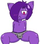  animated anthro blush blush_lines bulge clothing domestic_cat felid feline felis hair hair_over_eye laven low_res male mammal one_eye_obstructed pattern_clothing purple_body purple_hair red_eyes solo striped_clothing stripes underwear websheck 