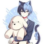  1boy animal_ears aoyagi_touya bangs blue_hair blue_jacket cat_boy cat_ears cat_tail commentary_request expressionless grey_eyes holding holding_stuffed_toy jacket long_sleeves looking_at_viewer male_focus mole mole_under_eye multicolored_hair project_sekai solo sparkle split-color_hair stuffed_animal stuffed_dog stuffed_toy tail two-tone_background upper_body waka_(wk4444) 