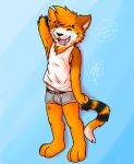  2016 anthro biped black_body black_fur black_nose boxer_briefs bulge chest_tuft clothing dialogue dipstick_tail eyes_closed felid fur gaokun grey_clothing grey_underwear hair hand_behind_head male mammal markings monotone_ears monotone_hair nervous orange_body orange_ears orange_fur orange_hair pantherine shirt solo speech_bubble striped_markings stripes tail_markings tank_top tiger topwear tuft underwear watermark white_body white_fur white_inner_ear 