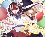  2girls apron black_hair blonde_hair blue_neckwear bow braid cake dress everyda74953177 food happy_birthday hat hat_bow highres horns kijin_seija kirisame_marisa looking_at_viewer multicolored_hair multiple_girls open_mouth puffy_short_sleeves puffy_sleeves red_eyes red_hair short_hair short_sleeves single_braid smile streaked_hair touhou waist_apron witch_hat yellow_eyes 