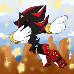  2020 5_fingers anthro black_body black_fur chest_tuft clothing cloud dabbing eulipotyphlan fingers footwear fur gloves handwear hedgehog hi_res male mammal markings meme mountain red_markings sapphirescarletta sega shadow_the_hedgehog shoes sky solo sonic_the_hedgehog_(series) star tuft video_games 