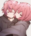  1boy 1girl absurdres bangs breasts closed_eyes dual_persona hair_between_eyes highres hood hoodie hug long_sleeves looking_at_viewer male_focus niconico nqrse nyannyan_321 pink_eyes pink_hair shirt short_hair solo_focus utaite_(singer) 