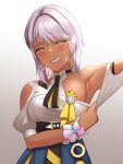  1girl 1nilla&#039; :d arm_up armpits bangs blue_jacket breasts carole_peppers clothes_around_waist dark-skinned_female dark_skin earrings grin highres honkai_(series) honkai_impact_3rd jacket jacket_around_waist jewelry looking_at_viewer shirt short_hair sideboob smile solo sweat teeth white_hair white_shirt yellow_eyes 