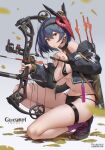  1girl absurdres arrow_(projectile) bangs bare_shoulders bikini bilibili_xiaolu bird_mask black_bikini black_choker black_footwear black_jacket bow bow_(weapon) breasts choker compound_bow cropped_jacket earrings eyebrows_visible_through_hair from_side full_body genshin_impact hair_between_eyes highres holding holding_bow jacket jewelry kujou_sara large_breasts long_sleeves looking_at_viewer mask mask_on_head navel one_knee open_clothes open_jacket parted_lips puffy_long_sleeves puffy_sleeves purple_legwear short_hair socks solo stomach string_bikini sweat swimsuit thigh_strap weapon yellow_eyes 