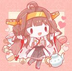  1girl ahoge bangs black_legwear brown_hair chibi commentary_request cookie cup cupcake double_bun food headgear heart highres japanese_clothes kantai_collection kongou_(kancolle) long_hair macaron nada_namie nontraditional_miko open_mouth outstretched_arms ribbon-trimmed_sleeves ribbon_trim signature skirt solo teacup teapot thighhighs wide_sleeves 