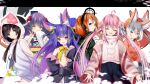  .live animal_ears black_hair blue_hair brown_hair hanakoto_igusa highres irodori_mayoi island_fox_(kemono_friends) kemono_friends kemono_friends_v_project long_hair looking_at_viewer mizugame_mia necktie open_mouth pink_hair rascala39 re:act rurun_rururica sakurazuki_kanon shirt shrims silver_hair simple_background skirt smile tail twintails virtual_youtuber white_background 