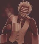  1boy ace_attorney black_pants brown_theme buttons chair coffee collared_shirt cup dark-skinned_male dark_skin earrings facial_hair formal goatee godot_(ace_attorney) grin hand_on_own_cheek hand_on_own_face headgear highres jewelry long_sleeves male_focus messy_hair mug necktie omega_(omega_yang) pants phoenix_wright:_ace_attorney_-_trials_and_tribulations shirt sitting smile smoke vest visor white_hair white_vest 