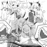  ! 2girls 2others alternate_costume anger_vein animal_ears arknights biting buttons camera cape coat crossed_arms dlanon dragon_girl dragon_horns dragon_tail ear_biting ear_ornament english_text eyebrows_visible_through_hair frostnova_(arknights) fur-trimmed_hood fur_trim gloves greyscale hair_ornament hairclip heart height_difference holding holding_camera hood hood_up horns long_hair long_sleeves monochrome multiple_girls multiple_others open_mouth rabbit_ears ribbed_sweater simple_background sleeping speech_bubble spoken_exclamation_mark sweater tail tail_wrap talulah_(arknights) turtleneck turtleneck_sweater white_background yuri 