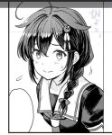  1girl ahoge black_serafuku braid commentary_request flying_sweatdrops greyscale hair_flaps hair_ornament hair_over_shoulder kantai_collection monochrome sailor_collar school_uniform serafuku shigure_(kancolle) single_braid solo unfinished upper_body watanore 