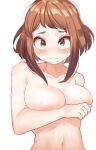  1girl absurdres areolae blush boku_no_hero_academia breasts brown_eyes brown_hair closed_mouth completely_nude covering_nipples highres large_breasts looking_at_viewer navel nude short_hair simple_background solo upper_body uraraka_ochako wavy_mouth white_background zd_(pixiv6210083) 
