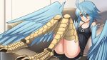  1girl ahoge artist_request bangs bare_shoulders bird_legs black_dress blue_hair blue_wings breasts couch dress eyebrows_behind_hair feathered_wings feathers game_cg hair_between_eyes harpy medium_hair monster_girl monster_musume_no_iru_nichijou monster_musume_no_iru_nichijou_online official_alternate_costume official_art papi_(monster_musume) sidelocks sitting small_breasts solo talons thighhighs winged_arms wings yellow_eyes zettai_ryouiki 