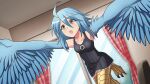  1girl ahoge artist_request bangs bare_shoulders bird_legs black_dress blue_hair blue_wings blush breasts curtains dress eyebrows_visible_through_hair feathered_wings feathers game_cg hair_between_eyes harpy indoors medium_hair monster_girl monster_musume_no_iru_nichijou monster_musume_no_iru_nichijou_online official_alternate_costume official_art open_mouth papi_(monster_musume) sidelocks small_breasts solo talons thighhighs window winged_arms wings yellow_eyes zettai_ryouiki 