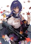  1girl arm_up bangs black_legwear blue_hair blue_jacket blue_skirt braid braided_ponytail breasts closed_mouth dp-12_(girls&#039;_frontline) eyebrows_visible_through_hair girls&#039;_frontline grey_eyes gun hairband highres holding holding_gun holding_weapon jacket jacket_pull large_breasts lips long_hair looking_away pantyhose petals shotgun skirt smile solo standard_manufacturing_dp-12 standing sweater_vest torn_sweater_vest twitter_username vermilli000n weapon white_background white_hairband white_sweater_vest 