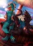  2018 anthro bar beach big_breasts breasts butt claws clothed clothing detailed_background digital_media_(artwork) dragon duo dutch_angle feathered_wings feathers female female/female hand_on_butt hi_res looking_at_viewer looking_back membrane_(anatomy) membranous_wings monteglitch_(artist) non-mammal_breasts outside presenting presenting_hindquarters raised_tail red_eyes reptile scalie seaside skimpy smile take_your_pick toe_claws tongue tongue_out water wings 