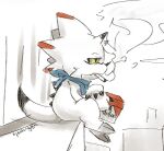  anthro bandai_namco bandanna cigarette cigarette_in_mouth cigarette_smoke claws digimon digimon_ghost_game horn kerchief male smoking solo white_body yellow_eyes zjez-goffra 