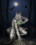  2022 4_toes 5_fingers anthro breasts canid canine chiropteran claws clothed clothing digital_media_(artwork) feet female fingers green_eyes hi_res mammal moon muns11 night outside sky solo toes 