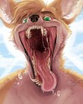 absurd_res anthro blonde_hair bodily_fluids brown_eyebrows brown_nose canid canine cheek_tuft chest_tuft digital_media_(artwork) dripping eyebrows facial_tuft fangs fennec fox fur glistening glistening_eyes glistening_tongue green_eyes hair hi_res imperatorcaesar inner_ear_fluff looking_at_viewer male mammal neck_tuft open_mouth saliva saliva_drip saliva_on_tongue saliva_string shaded sharp_teeth soft_shading solo teeth tongue tuft white_body white_fur white_inner_ear white_inner_ear_fluff yellow_body yellow_ears yellow_fur 