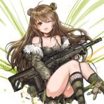  1girl ahoge ammunition asymmetrical_legwear bangs black_choker black_dress black_skirt bow breasts brown_hair camouflage camouflage_jacket choker double_bun dress eyebrows_visible_through_hair fishnet_legwear fishnets full_body fur_trim girls&#039;_frontline green_background green_bow green_eyes gun hair_between_eyes hair_bow head_tilt holding holding_gun holding_weapon jacket jang_ju_hyeon light_particles long_hair long_sleeves off-shoulder_shirt off_shoulder one_eye_closed open_mouth pleated_skirt rfb_(girls&#039;_frontline) shirt skirt small_breasts smile solo stuffed_animal stuffed_toy teddy_bear weapon weapon_request white_background 