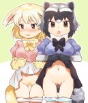  2girls animal_ears ass_visible_through_thighs bangs black_hair blonde_hair blonde_pubic_hair blush bow bowtie brown_eyes brown_hair clothes_lift common_raccoon_(kemono_friends) cowboy_shot ears_down elbow_gloves embarrassed extra_ears eyebrows_visible_through_hair female_pubic_hair fennec_(kemono_friends) flashing fox_ears fox_girl fox_tail fur_collar furrowed_brow gloves grey_hair groin highres kemono_friends looking_at_viewer looking_away medium_hair multicolored_hair multiple_girls navel no_pussy nose_blush open_mouth panties panty_pull pink_sweater pubic_hair puffy_short_sleeves puffy_sleeves purple_sweater raccoon_ears raccoon_girl raccoon_tail short_sleeve_sweater short_sleeves skirt skirt_lift stomach suicchonsuisui sweater tail thigh_gap two-tone_hair underwear v-shaped_eyebrows white_hair 