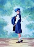  1990s_(style) 1992 1girl asou_yuuko bangs blue_eyes blue_hair blue_skirt briefcase brown_footwear copyright_name day highres holding holding_briefcase loafers long_hair long_skirt long_sleeves looking_at_viewer mugen_senshi_valis non-web_source official_art outdoors pleated_skirt retro_artstyle school_briefcase school_uniform shoes skirt solo standing very_long_hair 